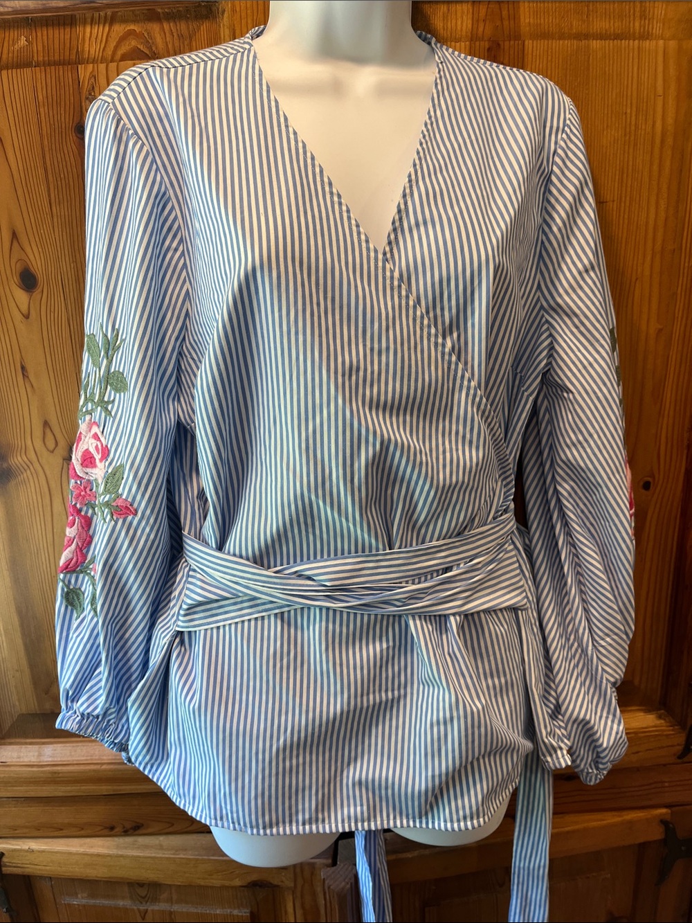 INC Striped Wrap Blouse with Embroidered Roses Balloon Sleeves